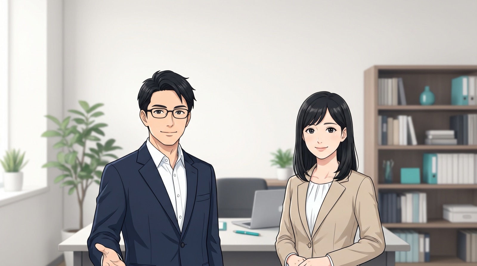 相談員の真壁 誠と白石 葵が相談室に並んで立っているイラスト